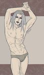  abs adonis_belt amal-amaru arms_up black_lipstick floral_background grey_eyes grey_hair groin hat highres jojo_no_kimyou_na_bouken leone_abbacchio lipstick long_hair makeup male_focus muscle nipples solo underwear underwear_only 