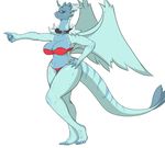  anthro barefoot big_breasts blue_scales bra breasts cleavage clothed clothing collar dragon dragon_princess_ii eyes_closed eyewear female frown glasses hand_on_hip horn neck_tuft panties pointing scales towergirls tuft underwear unknown_artist wings 