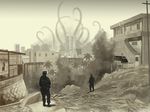  bad_pixiv_id building cthulhu_mythos from_behind house monster original outdoors shiira soldier standing tentacles tree 