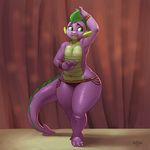  2016 anthro bracelet clothing cute_fangs dragon facial_piercing friendship_is_magic front_view girly jewelry kevinsano looking_away male my_little_pony navel nose_piercing piercing plantigrade purple_scales raised_arm scales scalie slightly_chubby smile solo spike_(mlp) stage standing thong wide_hips 