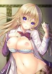  :o blonde_hair bow bowtie bra bra_pull breasts brown_skirt collared_shirt eyebrows eyebrows_visible_through_hair green_bra groin hand_on_own_chest head_tilt indian_style kuroe_(sugarberry) large_breasts long_hair long_sleeves looking_at_viewer lying nakiri_erina navel nipples on_back on_ground open_clothes open_shirt parted_lips plaid plaid_skirt red_bow red_neckwear shirt shokugeki_no_souma sitting skirt solo stomach striped striped_bow striped_neckwear tatami tootsuki_saryou_ryouri_gakuen_uniform underwear vertical-striped_bra vertical_stripes white_shirt wing_collar 