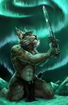  2016 5_fingers anthro aura feline fur green_eyes kneeling lynx male mammal melee_weapon night outside pink_nose rhyu sky snow solo star starry_sky sword tagme tan_fur weapon 