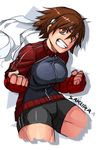  alternate_costume bike_shorts breasts brown_eyes brown_hair clenched_hands cropped_legs fingerless_gloves gloves grin headband jacket kasugano_sakura medium_breasts red_gloves short_hair smile solo street_fighter street_fighter_iv_(series) thighs track_jacket whistle_frog 