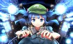  arms_up bangs blue_dress blue_eyes blue_hair blunt_bangs controller dress electricity eyebrows eyebrows_visible_through_hair firing flat_cap frilled_shirt_collar frills green_hat hair_bobbles hair_ornament hat joystick kawashiro_nitori key long_hair looking_at_viewer machinery minust plasma pocket short_sleeves short_twintails sidelocks solo touhou twintails two_side_up upper_body 