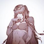  bangs blunt_bangs bodystocking breasts cape cleavage covered_navel finger_to_mouth fire_emblem fire_emblem:_kakusei greyscale large_breasts monochrome raikoart sketch smile solo tharja tiara two_side_up upper_body 