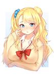  blonde_hair blue_eyes breast_hold breasts cardigan cleavage galko hair_ornament hair_scrunchie highres large_breasts long_hair looking_at_viewer one_side_up oshiete!_galko-chan ribbon school_uniform scrunchie sleeves_past_wrists solo sunege_(hp0715) 