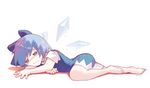  1girl ainy77 bad_id bad_pixiv_id barefoot blue_dress blue_eyes blue_hair bow cirno dress fairy_wings full_body hair_bow hot ice ice_wings lying melting on_stomach ribbon short_hair short_sleeves simple_background solo touhou wavy_mouth white_background wings 