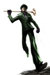  batman_(series) brown_hair cane clenched_teeth dc_comics domino_mask formal gloves hat highres male_focus mask naratani necktie shoes simple_background smile solo staff suit teeth the_riddler white_background 
