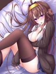  ahoge blush breasts brown_hair brown_legwear dress_shirt hair_ornament hairband hairclip highres kantai_collection kongou_(kantai_collection) large_breasts looking_at_viewer nail_polish on_bed open_mouth purple_eyes pussy_juice shirt skirt solo tears thighhighs yoye_(pastel_white) 