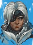  ana_(overwatch) blue_background eyepatch facial_tattoo grey_hair highres jang_ju_hyeon lips looking_at_viewer looking_to_the_side no_headwear nose old_woman overwatch portrait realistic solo tattoo 