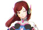  ;) absurdres armor bangs bodysuit brown_eyes brown_hair closed_mouth d.va_(overwatch) facepaint facial_mark headphones highres long_hair looking_at_viewer one_eye_closed overwatch pauldrons pilot_suit pink_lips ribbed_bodysuit shoulder_pads simple_background smile solo tofu52 turtleneck upper_body whisker_markings white_background 
