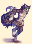  anthro fangs feline looking_down lukiri male mammal navel nude open_mouth simple_background smile solo standing teeth tongue white_background 