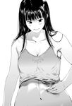  blush breasts cleavage greyscale highres kurofood lips medium_breasts monochrome navel original solo weight_conscious 