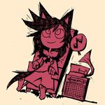  animal_ears barefoot chibi dress eighth_note full_body imaizumi_kagerou limited_palette marshall musical_note off_shoulder setz simple_background sitting sketch solo speech_bubble spoken_musical_note tail touhou wolf_ears wolf_tail 