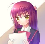  1girl brown_eyes futaki_kanata hair_bobbles hair_ornament kuro_futoshi little_busters! long_hair looking_at_viewer paper purple_hair ribbon school_uniform solo 