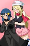  blonde_hair blue_eyes blush breasts cleavage cosplay costume_switch hair_ornament hair_over_one_eye hat highres hikari_(pokemon) kuro_hopper large_breasts long_hair multiple_girls pokemon pokemon_(game) pokemon_dppt shirona_(pokemon) smile 