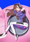  animal_print armor bangs bodysuit boots bracer breasts brown_eyes brown_hair bubble_blowing bunny_print charm_(object) chewing_gum d.va_(overwatch) eyebrows eyebrows_visible_through_hair facepaint facial_mark gloves gun headphones highres holding holding_gun holding_weapon long_hair long_sleeves lying mecha medium_breasts meka_(overwatch) on_mecha on_side overwatch pauldrons pilot_suit pointing pointing_at_viewer shoulder_pads skin_tight smile_(mm-l) solo swept_bangs thigh_boots thigh_strap thighhighs weapon whisker_markings white_footwear white_gloves 