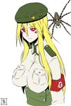  arachne armband beret blonde_hair breasts bug extra_eyes eyes_visible_through_hair hat insect_girl large_breasts long_hair long_legs_breed_(monster_musume) monster_girl monster_musume_no_iru_nichijou red_eyes s-now signature simple_background solo spider spider_girl upper_body white_background 