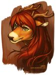  anthro antlers cervine deer female hair horn long_hair looking_at_viewer lukiri mammal red_hair simple_background solo 