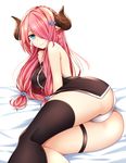  alternate_hair_color bare_arms bare_shoulders bed_sheet black_legwear blue_eyes blush braid breasts closed_mouth demon_horns draph dress granblue_fantasy hair_ornament hair_over_one_eye hairclip healther highres horns large_breasts long_hair looking_at_viewer microdress narmaya_(granblue_fantasy) on_bed panties pink_hair pointy_ears side_braid single_braid single_thighhigh sleeveless smile solo thigh_strap thighhighs underwear white_background white_panties 