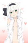  bad_id bad_twitter_id black_ribbon blush bottomless breasts eyebrows eyebrows_visible_through_hair gradient gradient_background green_eyes hair_ribbon head_tilt heart highres konpaku_youmu long_sleeves looking_at_viewer lovestruck naked_shirt navel no_bra off_shoulder open_clothes open_shirt out-of-frame_censoring parted_lips pink_background ribbon saple shirt simple_background small_breasts smile solo teeth touhou two-tone_background white_background white_hair white_shirt 