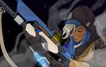  ana_(overwatch) black_gloves braid dark_skin eyepatch facial_mark facial_tattoo gloves gun hat headband hijab holding holding_gun holding_weapon hood hose lips long_hair nose old_woman overwatch rifle scope snapagi sniper_rifle solo syringe tattoo upper_body weapon white_hair yellow_eyes 