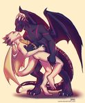  anthro breasts dragon duo featureless_breasts featureless_crotch female half-closed_eyes horn lukiri male male/female nude simple_background smile standing white_background wings 