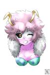  ashido_mina black_sclera boku_no_hero_academia breasts grin horns medium_breasts one_eye_closed pink_hair pink_skin portrait s-now short_hair signature simple_background smile solo white_background yellow_eyes 