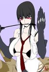  alternate_hair_color arachne between_breasts black_hair breasts carapace cowboy_shot elbow_gloves extra_eyes eyes_visible_through_hair gloves insect_girl large_breasts long_hair long_legs_breed_(monster_musume) monster_girl monster_musume_no_iru_nichijou multiple_legs necktie necktie_between_breasts open_clothes open_shirt purple_background red_eyes riding_crop s-now shirt signature simple_background smile solo spider_girl 
