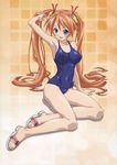  1girl bell blue_eyes blush full_body hair_bell kagurazaka_asuna long_hair mahou_sensei_negima! one-piece_swimsuit ookaji_hiroyuki orange_hair posing ribbon sandals school_swimsuit solo swimsuit twintails 