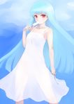  absurdres blue_hair dress food highres johan_(johan13) kula_diamond long_hair looking_at_viewer popsicle red_eyes see-through_silhouette sleeveless sleeveless_dress solo sundress the_king_of_fighters very_long_hair white_dress 