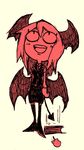  :d bat_wings black_skirt blush book boots cartoonized chibi demon_tail dropping head_wings koakuma looking_up monochrome necktie open_mouth red setz shirt simple_background sketch skirt smile solo tail thighhighs touhou vest wings yellow_background 