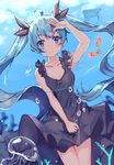  ahoge aqua_eyes aqua_hair arm_up black_dress bubble dress fish hatsune_miku highres jellyfish long_hair n2co salute shinkai_shoujo_(vocaloid) smile solo twintails underwater very_long_hair vocaloid 