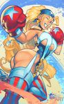  absurdres ass bandana blonde_hair boxing_gloves breasts capcom chuck_pires cleavage highres justice_gakuen looking_at_viewer solo striped striped_legwear thighhighs tiffany_lords 