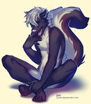  anthro eyes_closed fangs lukiri male mammal nude open_mouth simple_background sitting skunk smile solo teeth tongue white_background 