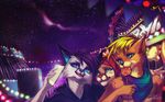  amusement_park anthro candy canine clothed clothing feline female food group lollipop lukiri male mammal night_sky outside phone smile standing tongue 