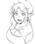  :d breasts character_request cleavage collarbone demon_girl fukumaaya greyscale horns large_breasts long_hair looking_at_viewer monochrome open_mouth pointy_ears sharp_teeth simple_background smile solo teeth upper_body white_background 