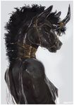  black_fur black_hair breasts clothing curved_horn equine eyes_closed female fur hair horn invalid_color jewelry mammal necklace nipples oouna profile solo translucent transparent_clothing unicorn 