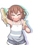  :d ^_^ alternate_costume brown_hair casual closed_eyes collarbone commentary_request facing_viewer hair_ornament hairclip holding ikazuchi_(kantai_collection) kantai_collection open_mouth short_hair short_shorts shorts simple_background smile solo tupet white_background yukimi_unagi 