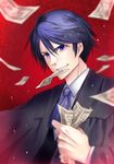  akutoku_no_judgement_(vocaloid) blue_eyes blue_hair blurry clenched_hand commentary_request depth_of_field evil_grin evil_smile evillious_nendaiki gallerian_marlon grin jacket judge kaito male_focus money motion_blur mouth_hold simple_background smile solo tamara vocaloid 