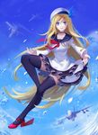  ain_(3990473) aircraft airplane black_legwear blonde_hair blue_eyes day hat long_hair looking_at_viewer peaked_cap pleated_skirt saratoga_(zhan_jian_shao_nyu) skirt sky smile solo thighhighs very_long_hair water zhan_jian_shao_nyu 