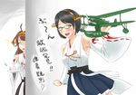  adjusting_eyewear aircraft airplane commentary_request cup detached_sleeves glasses green-framed_eyewear hairband headgear japanese_clothes kantai_collection kirishima_(kantai_collection) kongou_(kantai_collection) multiple_girls no_legwear nontraditional_miko peeking_out ribbon-trimmed_sleeves ribbon_trim shoki_(tel) teacup teapot translation_request 