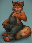  anthro bulge canine clothing disney eyebrows fox fur gideon_grey hair hay looking_at_viewer male mammal overalls red_fur red_hair slightly_chubby toes unknown_artist zootopia 