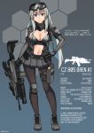  black-framed_eyewear blue_background blue_eyes boots breasts cleavage cleavage_cutout commentary_request cz-805 cz-805_(girls_frontline) eyebrows_visible_through_hair fingerless_gloves girls_frontline gloves goggles goggles_on_head grenade_launcher grey_hair grey_skirt gun high_heels highres holding holding_gun holding_weapon knee_pads long_hair looking_at_viewer medium_breasts navel ndtwofives pantyhose patterned_background skirt smile solo standing thigh_strap title weapon white_hair 