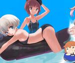  adapted_costume alternate_costume bare_arms bare_shoulders bikini blue_eyes brown_hair commentary_request ikazuchi_(kantai_collection) kantai_collection kotanu_(kotanukiya) looking_at_viewer multiple_girls one-piece_swimsuit partially_submerged school_swimsuit short_hair silver_hair swimsuit work_in_progress z1_leberecht_maass_(kantai_collection) z3_max_schultz_(kantai_collection) 