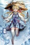  :t blonde_hair blue_dress blue_eyes bubble commentary_request dress full_body hair_ribbon highres houdukixx long_hair long_sleeves looking_at_viewer moriya_suwako red_ribbon ribbon short_dress skirt skirt_set solo thighhighs touhou tress underwater white_legwear wide_sleeves zettai_ryouiki 