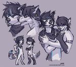  anthro bandanna brothers canine chibi duo ear_piercing facial_piercing fangs featureless_crotch half-closed_eyes lip_piercing looking_at_viewer lukiri male mammal monochrome multiple_images nude open_mouth piercing sibling simple_background smile teeth tongue 