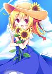  :d alternate_costume blonde_hair blue_sky carrying casual cloud cloudy_sky day esureki flower hat highres looking_at_viewer open_mouth red_eyes rumia sky smile solo straw_hat sunflower touhou 
