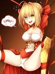  ahoge armor arms_behind_head blonde_hair bound breasts cleavage fang fate/extra fate/extra_ccc fate_(series) flying_sweatdrops gradient gradient_background green_eyes hair_intakes healther large_breasts looking_at_viewer nero_claudius_(fate) nero_claudius_(fate)_(all) open_mouth panties red_ribbon ribbon silhouette solo speech_bubble spread_legs tied_up underwear white_panties 