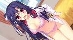  artist_request bed blush bow_panties bra breasts cleavage collarbone curtains dress_shirt frilled_bra frilled_panties game_cg hoshimi_asuka large_breasts navel open_mouth panties panty_pull purple_hair red_eyes tagme underwear undressing wavy_mouth window yuuwaku_scramble 